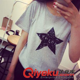 時(shí)尚T恤 韓版夏裝新款短袖星星印花純棉女式T恤休閑寬松大碼打底衫批發(fā)原始圖片3