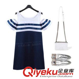 6月新款 海軍風條紋露肩性感短袖連衣裙子2015夏裝背心裙女短裙原始圖片2