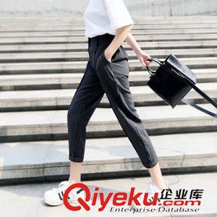 休閑褲 2015春夏高腰豎條紋休閑褲女英倫寬松小腳九分哈倫褲西裝褲原始圖片2