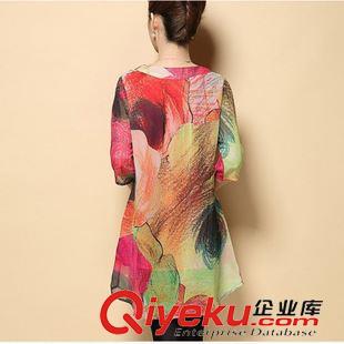 胖MM大碼女裝 2015夏裝中年媽媽裝連衣裙寬松真絲印花中老年加大碼女裝原始圖片3