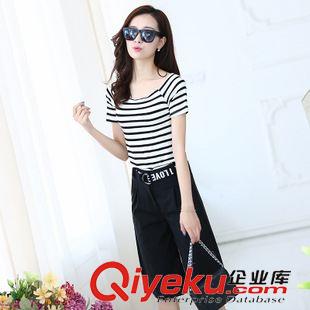 2015-10 2015時尚歐美風條紋套裝女夏裝新款露肩T恤+闊腿七分褲兩件套女原始圖片2