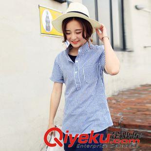 6月20新品 2015夏季 豎條紋短袖襯衫日系文藝年學(xué)生情侶襯衣班服