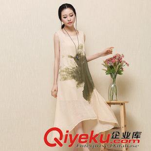 吊帶 背心連衣裙 2015夏新款棉麻大碼女裝 水墨印花文藝無袖連衣裙原始圖片2