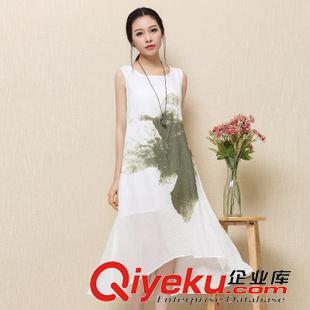 吊帶 背心連衣裙 2015夏新款棉麻大碼女裝 水墨印花文藝無袖連衣裙原始圖片3