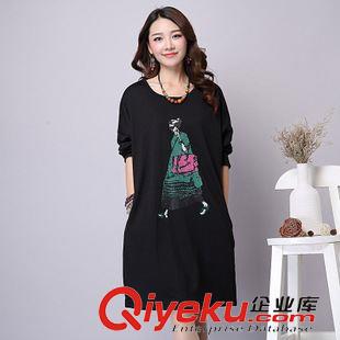 大碼女裝 2015新款大碼女裝文藝范棉麻印花寬松長袖不規(guī)則連衣裙