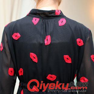 新品連衣裙 2015春裝新款雪紡連衣裙 紅唇刺繡寬松系帶七分袖打底裙