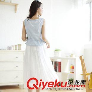 新品連衣裙 2015春夏韓國(guó)代購(gòu)新款牛仔拼接亮片抽繩收腰無(wú)袖百褶雪紡連衣裙