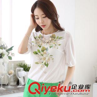 蕾絲衫、雪紡衫 2015夏裝新款韓版手工釘珠拼接網(wǎng)紗印花雪紡衫原始圖片3