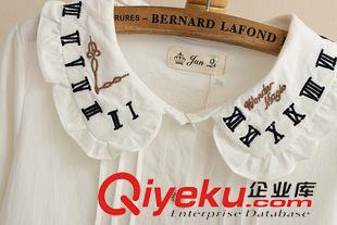 女式襯衫 2015春夏新款女式襯衫森女時鐘數(shù)字刺繡荷葉邊娃娃領(lǐng)寬松純棉襯衣原始圖片2