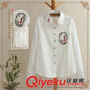 女式襯衫 2015春夏新款女式襯衫日系森女系卡通刺繡娃娃領(lǐng)長(zhǎng)袖打底襯衣女