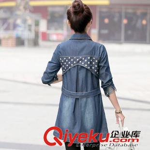 七月新款四期 2015早秋新款韓版波點(diǎn)拼接中長款牛仔襯衫外套女原始圖片3