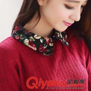 七月新款四期 2015秋季新款女裝娃娃領拼接針織長袖碎花連衣裙 假兩件原始圖片3