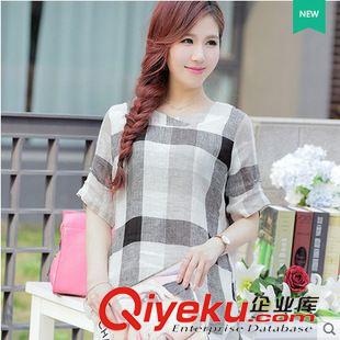 棉麻系列 2015新款大碼寬松亞麻格子襯衫 修身圓領(lǐng)棉麻t恤女裝上衣原始圖片2