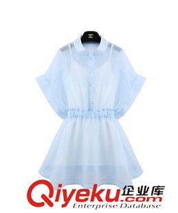 歐美女裝 歐洲站2015夏裝小清新飛飛袖收腰大擺歐根紗系帶兩件套連衣裙原始圖片2