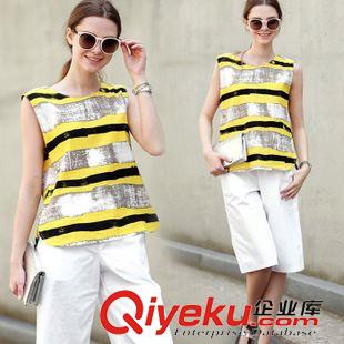 歐美女裝 歐洲站 2015夏裝歐美圓領(lǐng)短袖T恤+條紋哈倫九分褲亞麻休閑套裝女