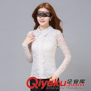 蕾絲衫/雪紡衫/襯衫 2015秋裝新款韓版大碼女裝蕾絲鏤空打底衫手工釘珠娃娃領修身上衣原始圖片3