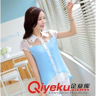 蕾絲衫 雪紡衫 2015夏裝新款假兩件短袖t恤雪紡衫 女裝娃娃領蕾絲鏤空襯衣