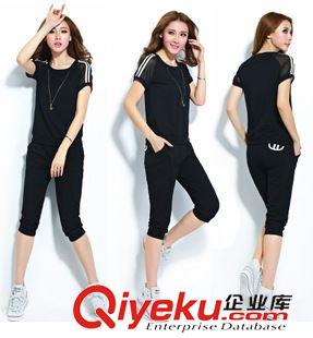 夏季七分褲套裝 2015夏款時(shí)尚修身雪紡短袖休閑服女式修身短袖T恤七分褲運(yùn)動(dòng)套裝原始圖片2
