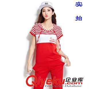 夏季七分褲套裝 2015夏裝女式休閑服運動套裝連帽短袖衛(wèi)衣條紋學生七分褲兩件套潮原始圖片2