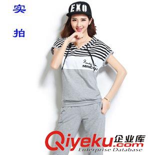 夏季七分褲套裝 2015夏裝女式休閑服運動套裝連帽短袖衛(wèi)衣條紋學生七分褲兩件套潮原始圖片3