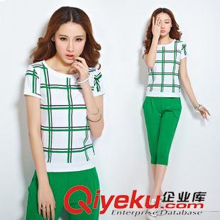夏季七分褲套裝 2015夏裝新款格紋大碼短袖時(shí)尚修身休閑運(yùn)動(dòng)服七分褲女式兩件套裝原始圖片2