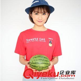 2015新款女裝T恤 zp2015新款可愛貓咪字母正反兩面印花純棉短袖T恤女