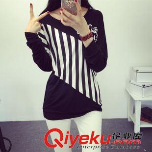 1-5 842#實(shí)拍新款韓版秋裝長(zhǎng)袖大碼女裝寬松條紋拼接顯瘦T恤原始圖片3