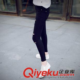 11-15 868##秋韓版女外穿彈力破洞牛仔鉛筆褲打底九分小腳黑色原始圖片2