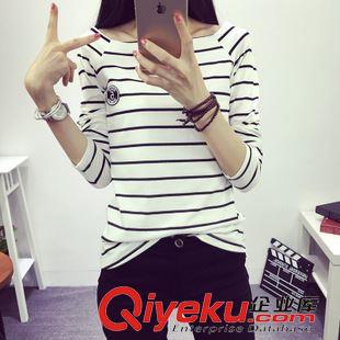 22 967#實拍秋裝新款韓版學生海軍風條紋寬松長袖T恤女純棉打底衫潮