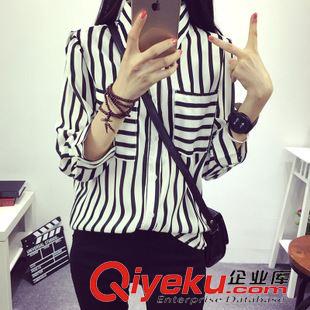 22 971#2015春裝新款女韓版條紋微透雪紡七分袖襯衫立領(lǐng)氣質(zhì)修身款原始圖片2