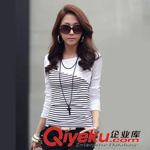 一區(qū) 818#秋裝新款女裝上衣打底衫韓版修身大碼顯瘦條紋純棉t恤女長袖