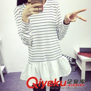 秋裝一區(qū) 977#2015新款韓版休閑寬松打底上衣細(xì)條紋中長(zhǎng)款長(zhǎng)袖袖T恤原始圖片3