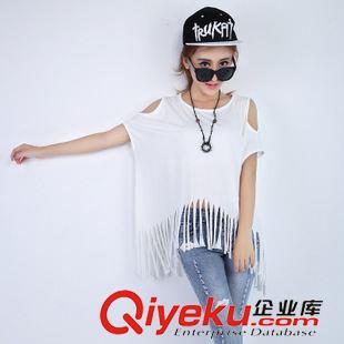 夏裝二區(qū) 1592#夏裝新款 個(gè)性女裝印花露肩流蘇寬松短袖T恤原始圖片2
