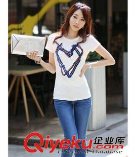 夏裝二區(qū) 1574#夏季新款女裝韓版純棉打底衫 圓領(lǐng)印花藍(lán)色心形短袖T恤原始圖片2