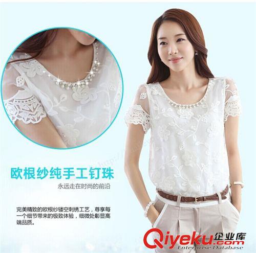 蕾絲衫/雪紡衫/襯衫 新款夏裝韓版大碼女裝修身歐根紗刺繡蕾絲衫女短袖雪紡原始圖片2