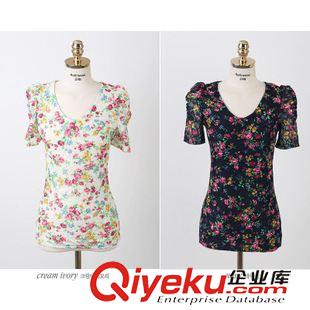 蕾絲衫/雪紡衫/襯衫 2014春夏新款韓版V領(lǐng)泡泡袖短袖蕾絲衫花朵襯衫修身百搭上衣原始圖片3
