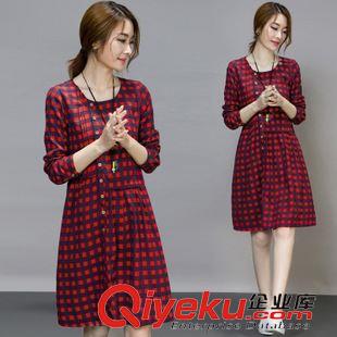 長袖連衣裙 2015秋裝新款寬松大碼淑女裝格子棉麻長袖連衣裙原始圖片2