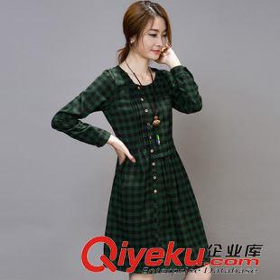 長袖連衣裙 2015秋裝新款寬松大碼淑女裝格子棉麻長袖連衣裙原始圖片3