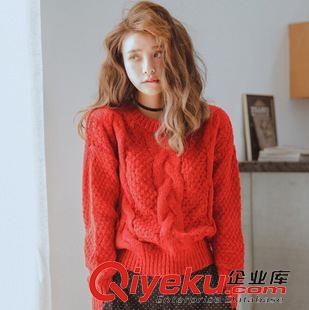 毛衣/針織系列 蘑菇街2015秋冬新款韓版氣質(zhì)女裝純色麻花套頭馬海毛毛衣外套原始圖片2