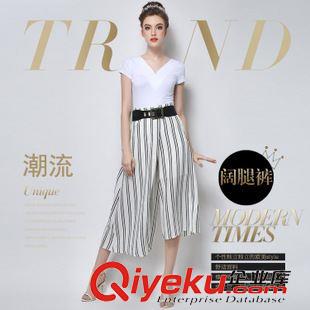 6/5上新 歐洲站2015夏季新款時(shí)尚dp氣質(zhì) 豎條紋大碼修身不規(guī)則闊腿褲原始圖片2