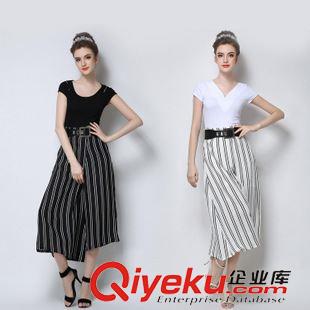 6/5上新 歐洲站2015夏季新款時(shí)尚dp氣質(zhì) 豎條紋大碼修身不規(guī)則闊腿褲原始圖片3
