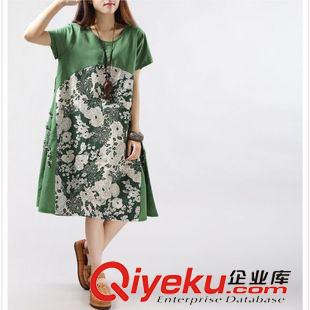 6/12上新 P18夏季新款大碼女裝花色拼接棉麻復古短袖長款連衣裙原始圖片3