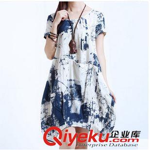 6/12上新 P18夏季新款大碼女裝花色拼接棉麻復古短袖長款連衣裙