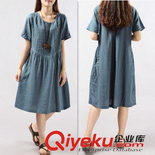 6/12上新 P18夏季新款韓版女裝大碼顯瘦小清新中長褶皺棉麻短袖連衣裙原始圖片2