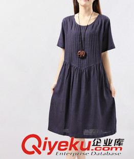 6/12上新 P18夏季新款韓版女裝大碼顯瘦小清新中長褶皺棉麻短袖連衣裙原始圖片3