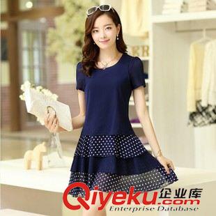 4月18上新 2015新款大碼雪紡連衣裙短袖韓版女裝假兩件圓點(diǎn)短裙原始圖片2