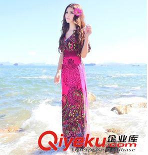 4月2期 2015夏季新款波西米亞長裙連衣裙大碼顯瘦度假裙V領(lǐng)短袖沙灘裙原始圖片2