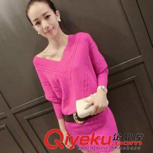 掌柜推薦 2015秋裝新款V領(lǐng)冰絲針織連衣裙女 修身顯瘦長(zhǎng)袖包臀裙 配腰帶原始圖片3