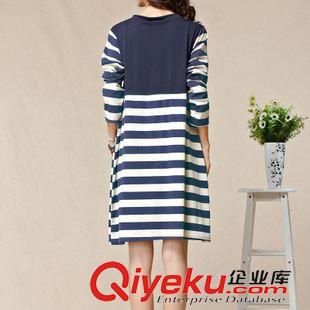 8月新款 實拍2015秋季新款寬松大碼女裝針織棉條紋拼接長袖連衣裙原始圖片3