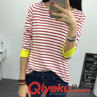 T恤 2015實拍秋打底衫潮純棉寬松長袖t恤女中長款條紋大碼女裝上衣春原始圖片3